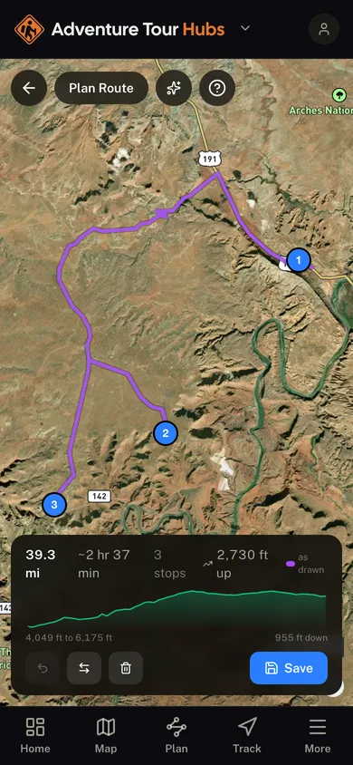A planned route in the GoHubs app, with its distance, stops and elevation profile
